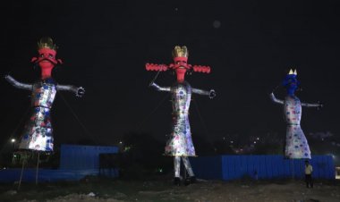 दशहरा पर्व : रावण, कुम्भकरण और मेघनाद के पुतलों का हुआ दहन, उमडी भीड