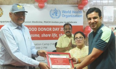 रक्तदाता दिवस पर धर्मेंद्र शर्मा को किया सम्मानित