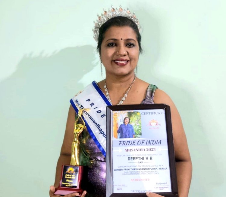 Deepthi V. R. from Thiruvananthapuram, Kerala received the City Winning Title of Pride of India Mrs. Thiruvananthapuram Winner in Mrs India Category